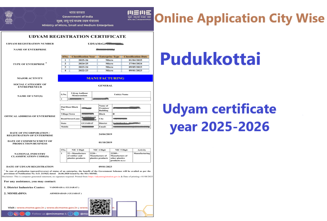 Pudukkottai  Udyam Certificate Year 2025-2026